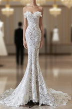 Princess Mermaid Strapless White Lace Long Wedding Dresses Brides Dresses