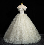 Princess Milk White Bowknot Off-The-Shoulder Feather Tulle Ball Gown Prom Dresses Sweet 16 Dresses