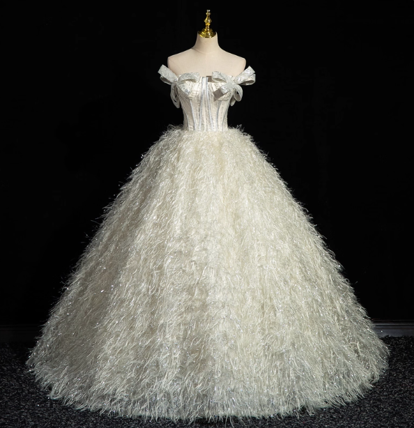 Princess Milk White Bowknot Off-The-Shoulder Feather Tulle Ball Gown Prom Dresses Sweet 16 Dresses