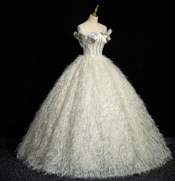 Princess Milk White Bowknot Off-The-Shoulder Feather Tulle Ball Gown Prom Dresses Sweet 16 Dresses