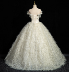 Princess Milk White Bowknot Off-The-Shoulder Feather Tulle Ball Gown Prom Dresses Sweet 16 Dresses