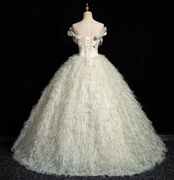 Princess Milk White Bowknot Off-The-Shoulder Feather Tulle Ball Gown Prom Dresses Sweet 16 Dresses