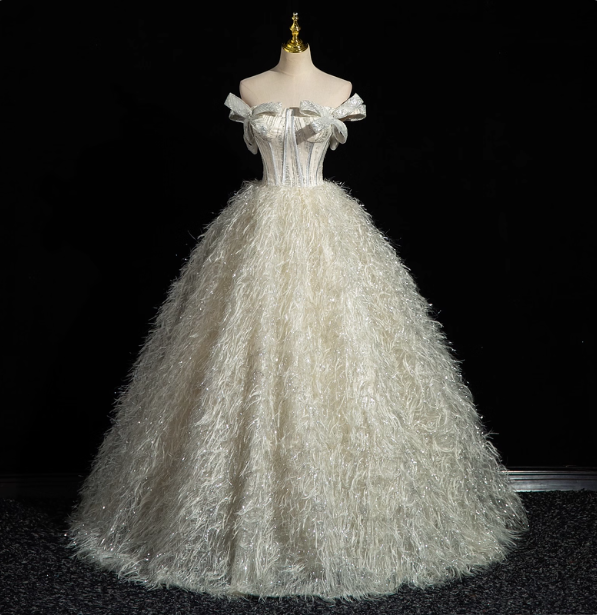 Princess Milk White Bowknot Off-The-Shoulder Feather Tulle Ball Gown Prom Dresses Sweet 16 Dresses Main image