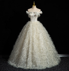 Princess Milk White Bowknot Off-The-Shoulder Feather Tulle Ball Gown Prom Dresses Sweet 16 Dresses