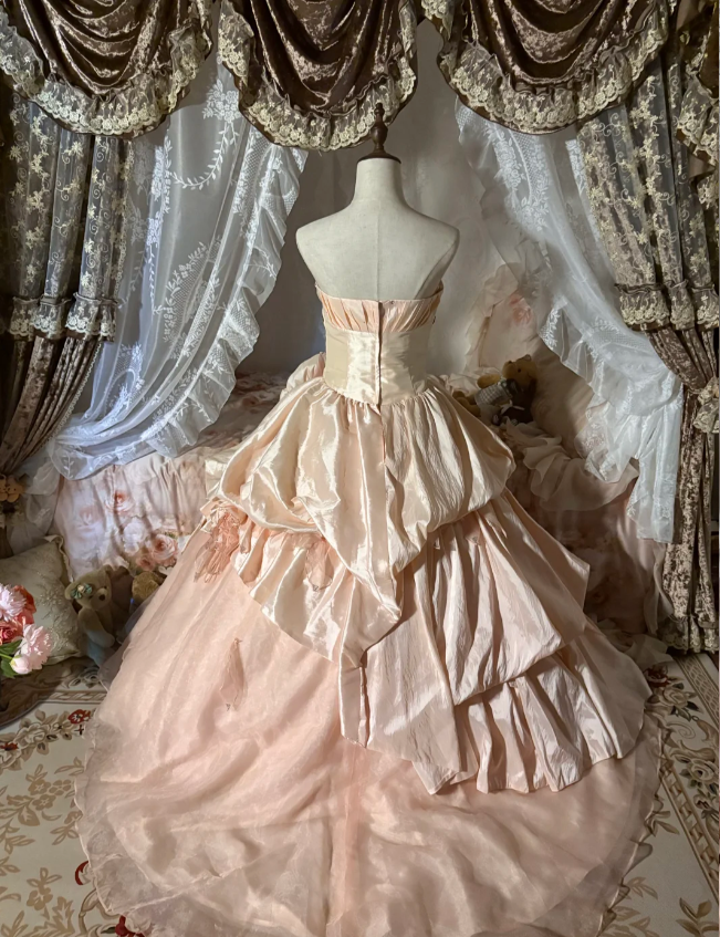 Princess Nude Pink Strapless 3D Floral Satin Train Ball Gown Prom Dresses Sweet 16 Dresses