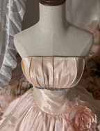 Princess Nude Pink Strapless 3D Floral Satin Train Ball Gown Prom Dresses Sweet 16 Dresses