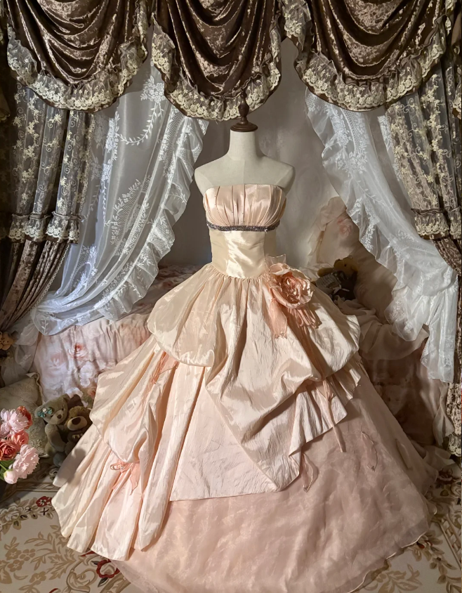 Princess Nude Pink Strapless 3D Floral Satin Train Ball Gown Prom Dresses Sweet 16 Dresses