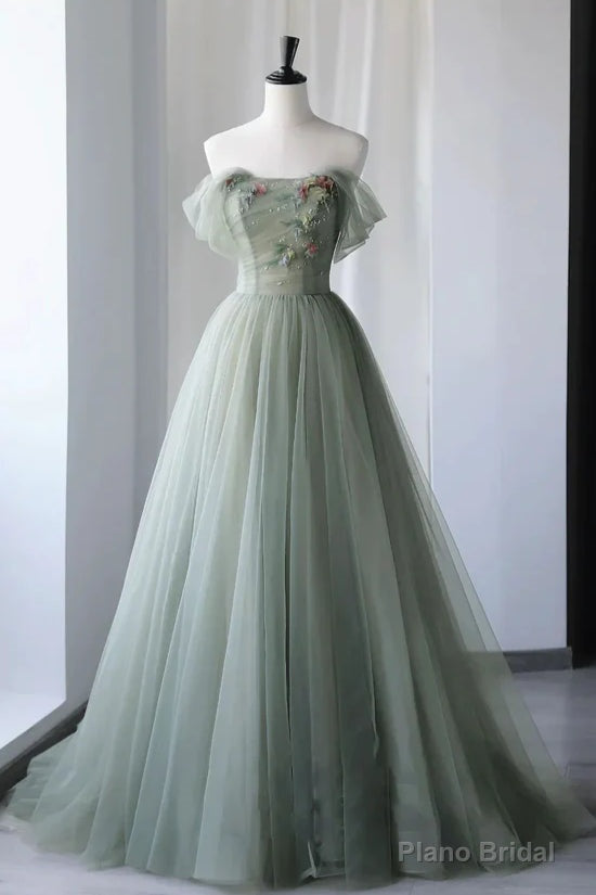 Princess Off the Shoulder Embroidering Tulle Sage Ball Gown Main image