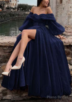 Princess Off-the-Shoulder Sweep Train Tulle Prom Dresses With Pleated Split