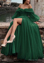 Princess Off-the-Shoulder Sweep Train Tulle Prom Dresses With Pleated Split
