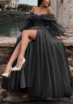 Princess Off-the-Shoulder Sweep Train Tulle Prom Dresses With Pleated Split
