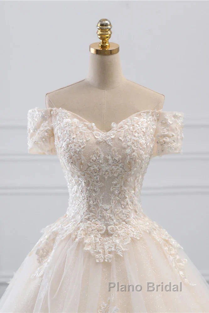 Princess Off The Shoulder Tulle Wedding Dresses With Lace Appliques Elegant Beautiful