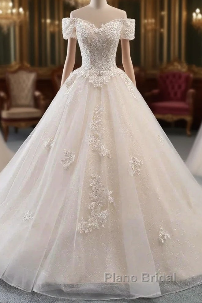Princess Off The Shoulder Tulle Wedding Dresses With Lace Appliques Elegant Beautiful