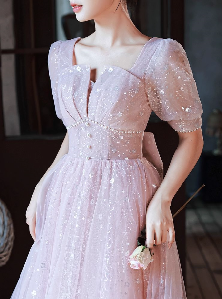 Princess Pink A-Line Square Neck Puff Short Sleeve Bow Tulle Long Formal Prom Dresses