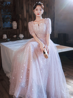 Princess Pink A-Line Square Neck Puff Short Sleeve Bow Tulle Long Formal Prom Dresses