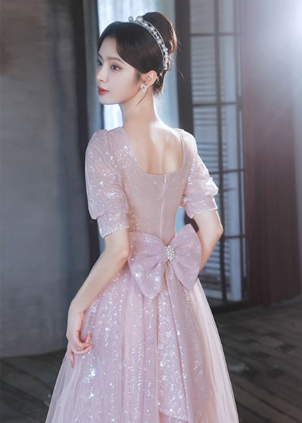 Princess Pink A-Line Square Neck Puff Short Sleeve Bow Tulle Long Formal Prom Dresses