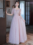 Princess Pink A-Line Square Neck Puff Short Sleeve Bow Tulle Long Formal Prom Dresses