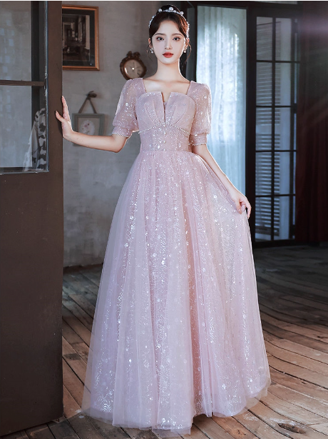 Princess Pink A-Line Square Neck Puff Short Sleeve Bow Tulle Long Formal Prom Dresses