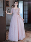 Princess Pink A-Line Square Neck Puff Short Sleeve Bow Tulle Long Formal Prom Dresses