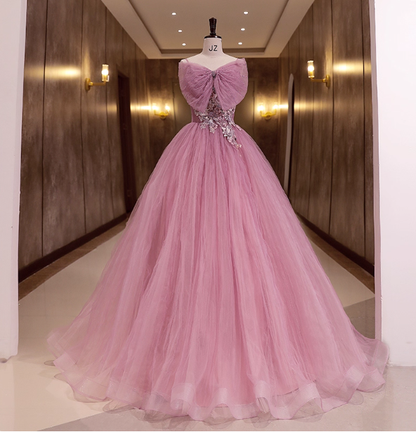 Princess Pink Bow Lace Tulle Ball Gown Prom Dresses Sweet 16 Dresses Secondary image