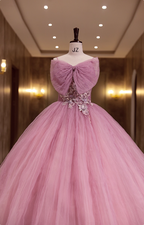 Princess Pink Bow Lace Tulle Ball Gown Prom Dresses Sweet 16 Dresses