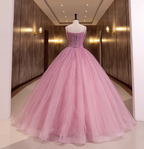 Princess Pink Bow Lace Tulle Ball Gown Prom Dresses Sweet 16 Dresses