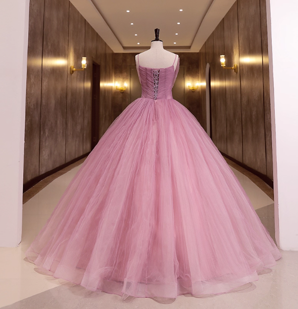 Princess Pink Bow Lace Tulle Ball Gown Prom Dresses Sweet 16 Dresses