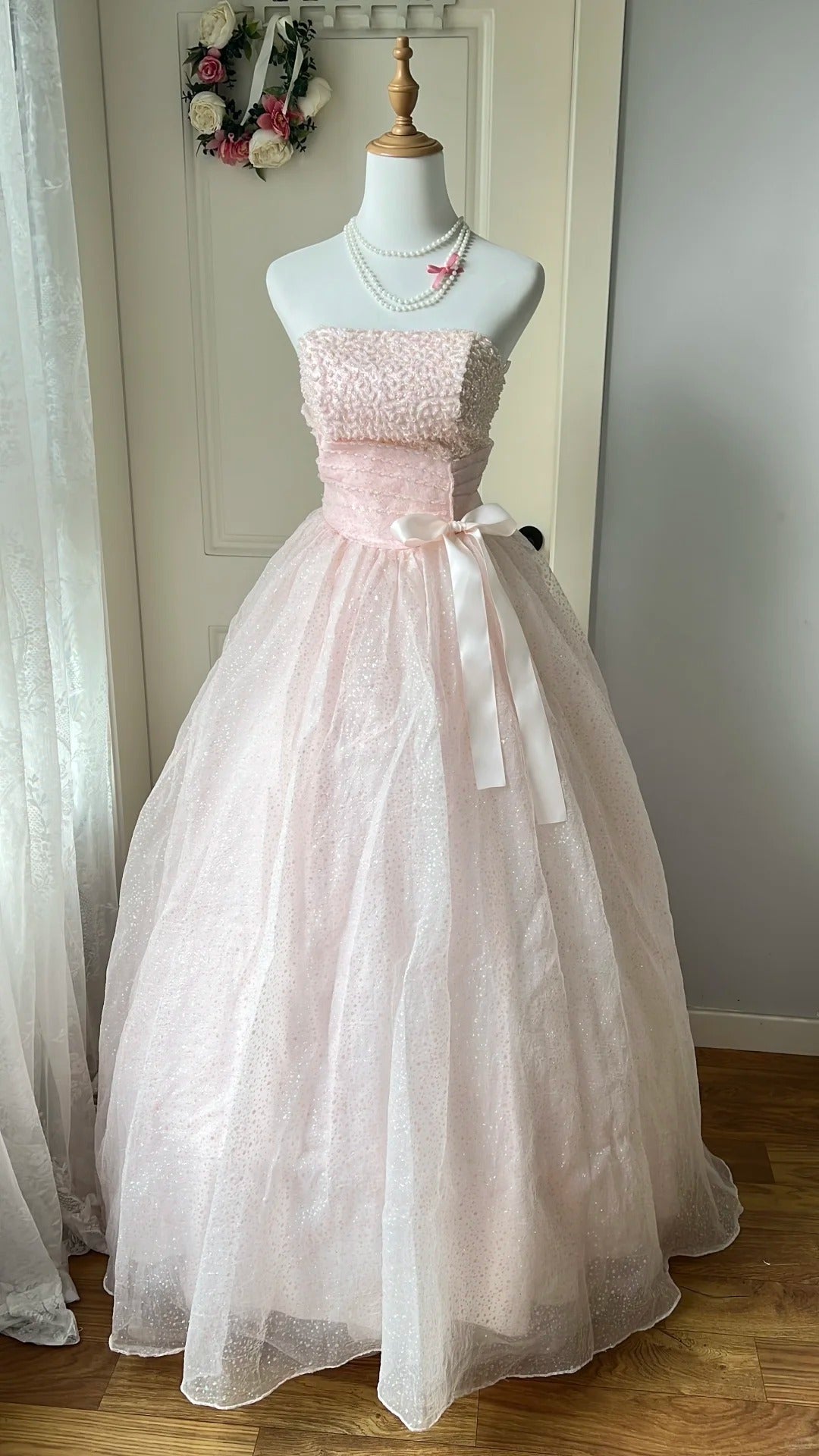 Princess Pink Strapless Bow Sequined Tulle Ball Gown Prom Dresses Sweet 16 Dresses Secondary image