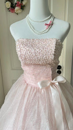 Princess Pink Strapless Bow Sequined Tulle Ball Gown Prom Dresses Sweet 16 Dresses