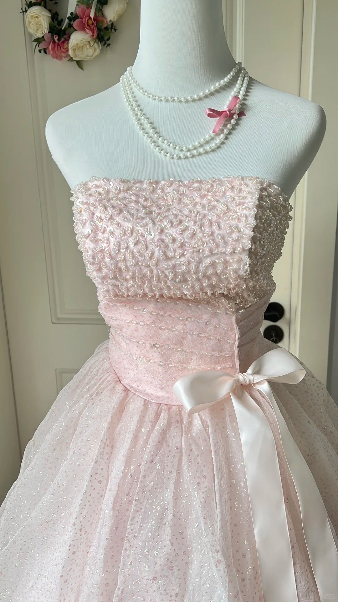 Princess Pink Strapless Bow Sequined Tulle Ball Gown Prom Dresses Sweet 16 Dresses