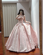 Princess Pink Strapless Ruffled Neck Satin Floor-Length Ball Gown Prom Gown 16Th Birthday Gown