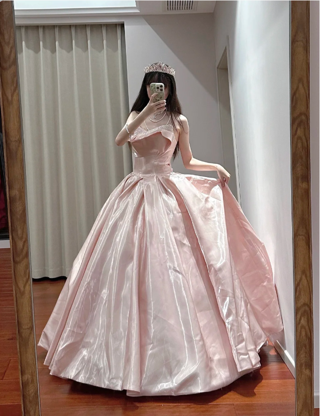 Princess Pink Strapless Ruffled Neck Satin Floor-Length Ball Gown Prom Gown 16Th Birthday Gown
