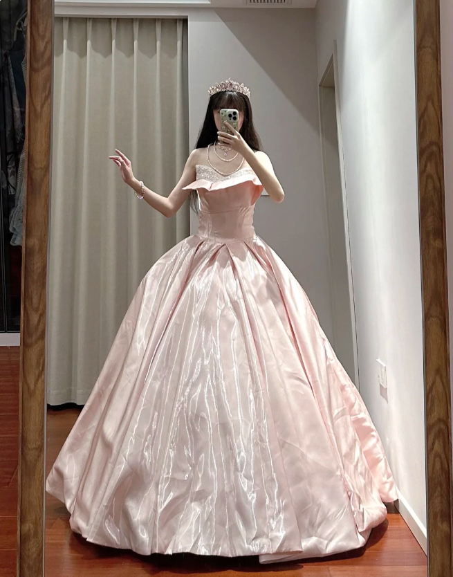 Princess Pink Strapless Ruffled Neck Satin Floor-Length Ball Gown Prom Gown 16Th Birthday Gown