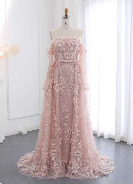 Princess Pink Train Off-The-Shoulder 3D Floral Tulle Formal Prom Dresses Secondary image