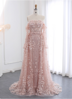 Princess Pink Train Off-The-Shoulder 3D Floral Tulle Formal Prom Dresses