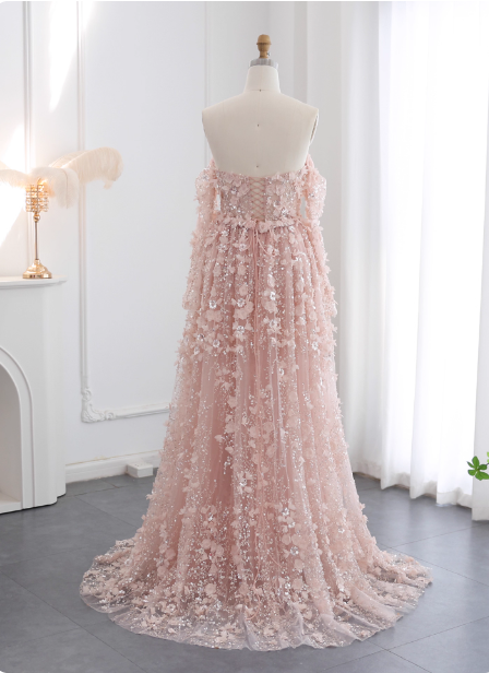 Princess Pink Train Off-The-Shoulder 3D Floral Tulle Formal Prom Dresses
