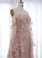 Princess Pink Train Off-The-Shoulder 3D Floral Tulle Formal Prom Dresses