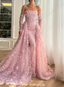 Princess Pink Train Off-The-Shoulder 3D Floral Tulle Formal Prom Dresses