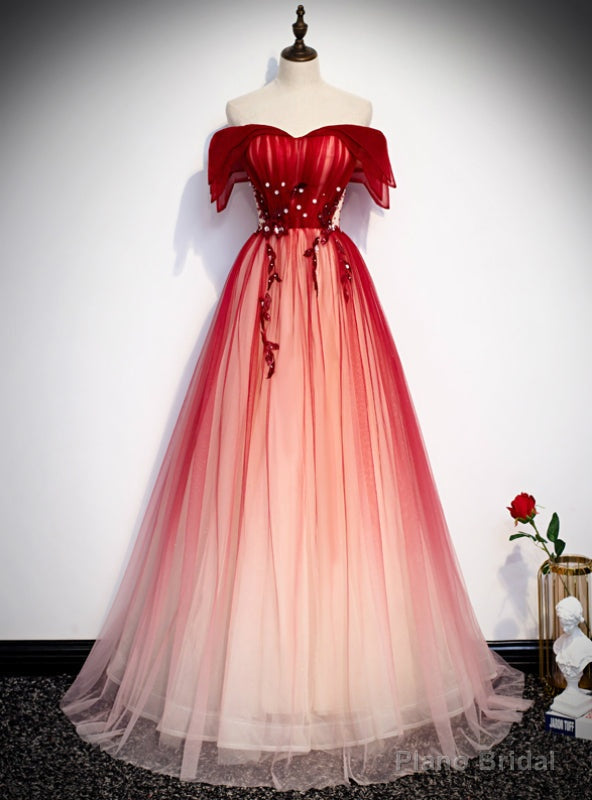 Princess Red Tulle Off the Shoulder Beading Prom Dress Main image
