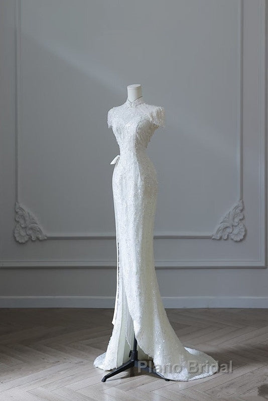 Princess Sheath High Neckline White Sequin Long Wedding Dresses Brides Dresses Secondary image