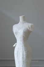 Princess Sheath High Neckline White Sequin Long Wedding Dresses Brides Dresses