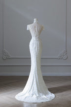 Princess Sheath High Neckline White Sequin Long Wedding Dresses Brides Dresses