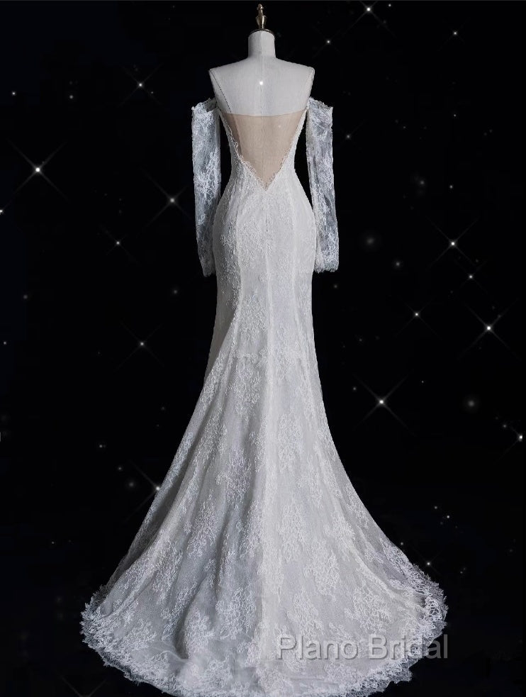 Princess Sheath Off The Shoulder White Lace Long Wedding Dresses Brides Dresses