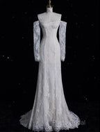 Princess Sheath Off The Shoulder White Lace Long Wedding Dresses Brides Dresses
