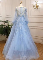 Princess Sky Blue Long Crew Neck Feather Sparkling Diamond Tulle Formal Prom Dresses