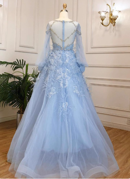Princess Sky Blue Long Crew Neck Feather Sparkling Diamond Tulle Formal Prom Dresses