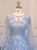 Princess Sky Blue Long Crew Neck Feather Sparkling Diamond Tulle Formal Prom Dresses