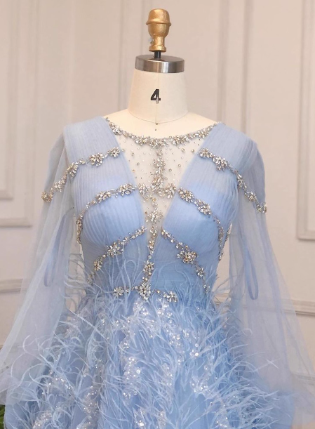 Princess Sky Blue Long Crew Neck Feather Sparkling Diamond Tulle Formal Prom Dresses
