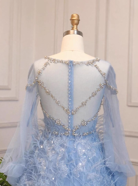 Princess Sky Blue Long Crew Neck Feather Sparkling Diamond Tulle Formal Prom Dresses