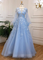 Princess Sky Blue Long Crew Neck Feather Sparkling Diamond Tulle Formal Prom Dresses